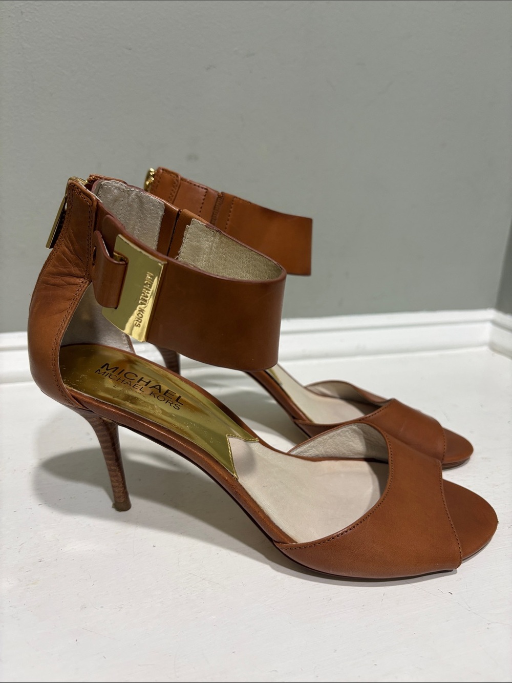 Michael Kors Cognac Leather Open-Toe Ankle-Strap Heels-size 8M